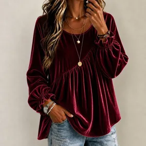 Velvet long sleeve loose blouse for women, crew neck casual top with asymmetric pleats.