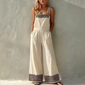 Ethnic Geometric Embroidery Linen Blend Wide Leg Jumpsuit Casual Loose Beach Overalls