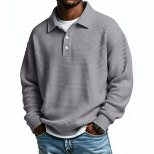Men casual waffle knit long sleeve polo shirt grey top detailed view texture style