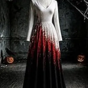 Women Halloween Long Sleeve V-Neck Gradient A-Line Dress Party Gothic Long Maxi Dress Main View