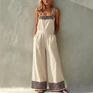 Boho geometric embroidered cotton linen overalls wide leg jumpsuit casual vacation plus size