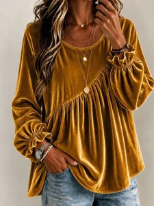 Women velvet long sleeve solid color crew neck loose irregular pleated casual autumn top.