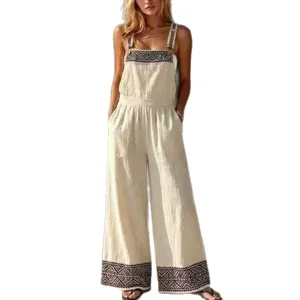 Ethnic geometric embroidered wide leg jumpsuit, casual cotton linen overalls with pockets.