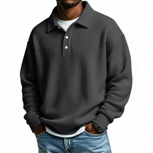 Men's waffle knit long sleeve polo shirt casual solid color vintage style fashion top.