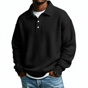 Men's black waffle knit polo shirt casual long sleeve button top with white t-shirt