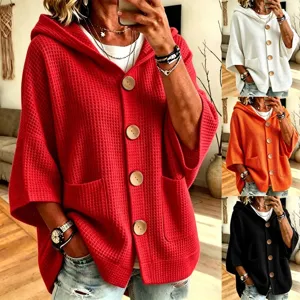 Women's Waffle Knit Hooded Cardigan Button Down Long Sleeve Casual Solid Color Loose Fit Lightweight Outerwear Top for Daily Travel