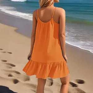 Oranje mouwloze spaghetti-bandje minijurk met volantzoom voor een casual strandlook.