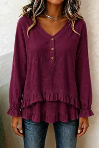 Women's long sleeve V-neck ruffled hem blouse casual elegant burgundy pullover top.