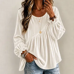 Women solid color velvet long sleeve blouse casual round neck loose irregular pleated top