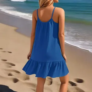 Vrouwen zomer strand casual effen blauwe spaghettibandjes mini jurk met volant