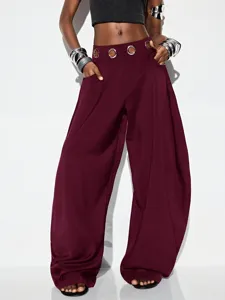 Pantalon sarouel femme taille haute bordeaux avec œillets métalliques mode décontracté