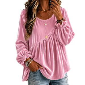 Pink velvet long sleeve loose blouse with irregular pleats for women autumn winter fashion