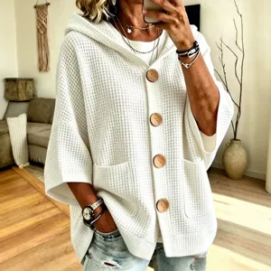 Women waffle knit hooded cardigan solid color front button long sleeve casual outerwear top