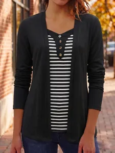 Striped fake two piece long sleeve top with button details for women detailed view.