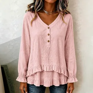 Elegant Women V-Neck Ruffle Hem Long Sleeve Blouse Vintage Solid Color Polyester Spandex Button Front Irregular Shirt Daily Top