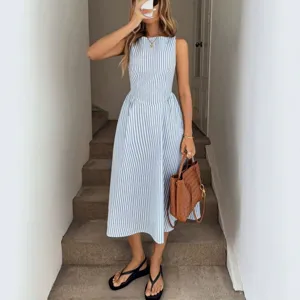 Vestito Lungo da Donna Senza Maniche a Righe Casual Slim Fit Patchwork Girocollo a Righe Midi Abito Estivo da Spiaggia Vacanza
