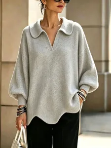 Casual loose solid color V-neck lapel lantern sleeve knit sweater for women, autumn and winter.