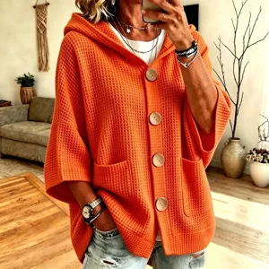 Waffle knit hooded cardigan for women, casual long sleeve button down sweater top.