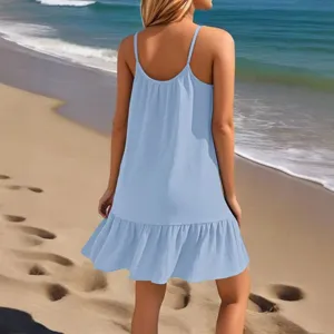 Lichtblauwe spaghettibandjes mini jurk voor zomer strand casual mouwloze A-lijn jurk
