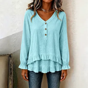 Women long sleeve V-neck ruffled hem blouse casual elegant button-up top light blue