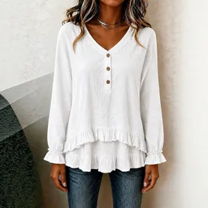 Women's white long sleeve V-neck blouse with layered ruffle hem and buttons casual shirt top