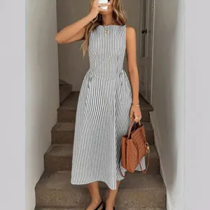 Abito midi estivo casual smanicato a righe da donna, elegante vestibilità slim alla moda.