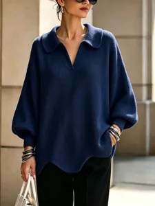 Women's oversized V-neck knit sweater solid color lantern sleeve lapel pullover autumn winter top.