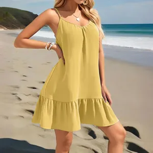 Vrouwen zomer geel v-hals slip jurk strand casual gelaagde volant mouwloze mini jurk