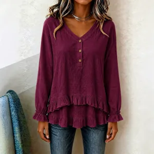 Women's Elegance Ruffle V-Neck Long Sleeve Blouse Casual Irregular Hem Shirt Autumn Top