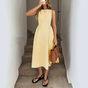 Abito midi a righe senza maniche da donna vestibilità slim casual elegante look estivo.