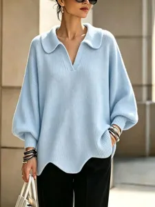 Casual light blue V-neck polo collar lantern sleeve knit sweater, loose comfy style detail.