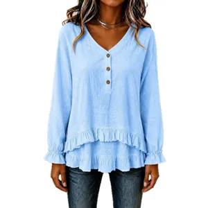 Ruffle V-Neck Irregular Hem Long-Sleeve Blouse Women Casual Autumn Fashion Elegant Tops
