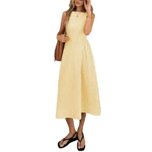 Abito midi donna estate senza maniche rigato casual slim elegante moda quotidiana
