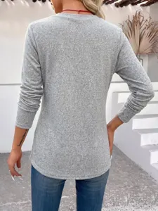 Women casual grey long sleeve top basic crew neck slim fit shirt for daily wear apparel.