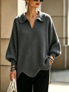 Casual loose lapel V-neck lantern sleeve solid color knitted sweater for women, autumn winter