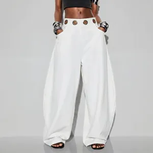 Pantalon Sarouel Décontracté en Polyester à Taille Haute pour Femme Décoration Oeillets Métalliques Jambe Large Streetwear