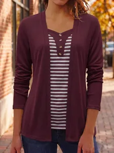 Detailed view of women's long sleeve faux two piece striped button top in stylish burgundy.