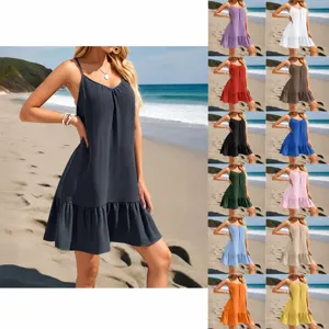 Dames V-hals Spaghettibandjes Jurk Ruffle Zoom A-lijn Mini Jurk Casual Vakantie Los Mouwloos Zomer Strandjurk