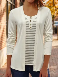 Women striped fake two-piece long sleeve top sweetheart neck button casual shirt detail