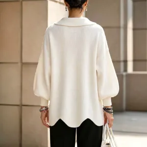 Women's white lapel lantern sleeve knit sweater casual loose pullover top back view