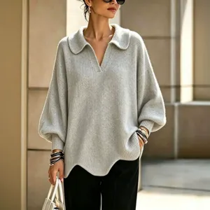 Chic oversized knit sweater for women featuring lapel collar, V-neck, and trendy lantern sleeves.