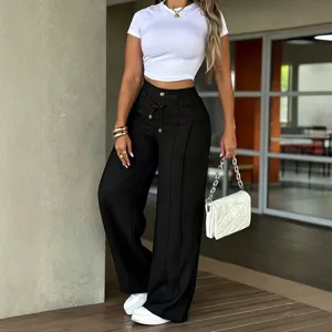 Women High Waist Wide Leg Pants Casual Front Crease Drawstring Trousers Fashion Chic