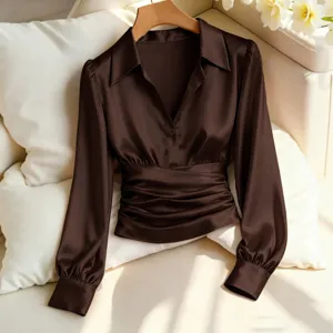 Elegant satin lapel blouse for women, autumn long-sleeve waist-cinching ruched top.
