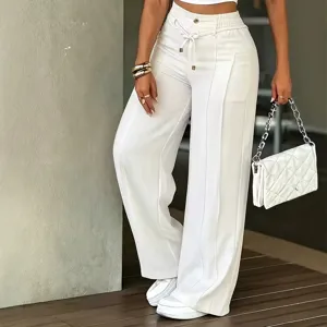 White high waist pleated wide leg pants casual draped trousers for women fashionable outfit