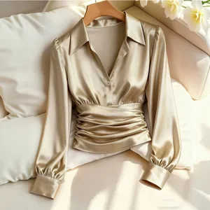 Champagne satin long sleeve blouse elegant V-neck ruched waist crop top main view display