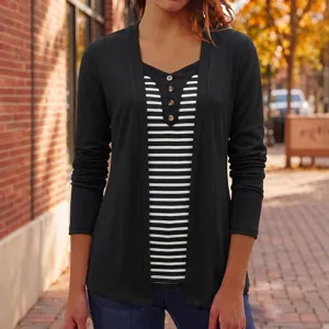 Women's Patchwork Striped Top Long Sleeve Sweetheart Neck Buttons Faux Two-Piece Casual T-Shirt Polyester Spandex Commuter Blouse