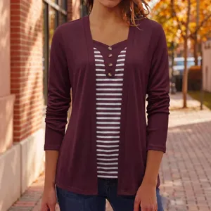 Women's striped fake two-piece long sleeve cardigan top casual everyday fashion apparel.