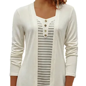Women long sleeve striped false two piece top button cardigan casual stylish blouse tee shirt