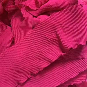 Hot pink pleated chiffon lace trim, 12cm wide ruffles for DIY sewing and apparel decoration.