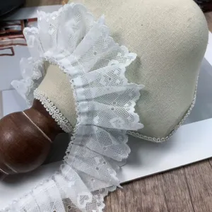 White pleated heart lace trim detail close-up, 5cm width for DIY sewing and apparel accessories